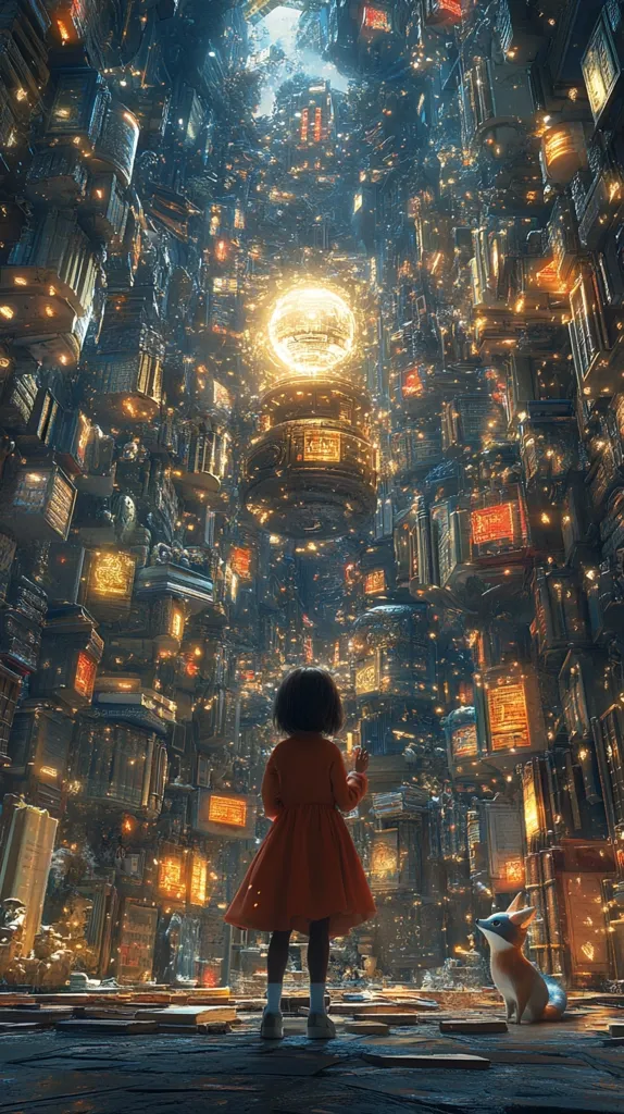 A young girl in a red dress stands in awe before a towering, fantastical cityscape.  Buildings are stacked impossibly high, glowing with warm light and intricate detail, resembling a vast library or archive.  A luminous orb hangs at the city's center, casting a magical glow.  A small fox sits nearby, sharing in the wonder of this surreal, dreamlike place.  The scene is rendered with breathtaking detail, evoking a sense of mystery and enchantment.