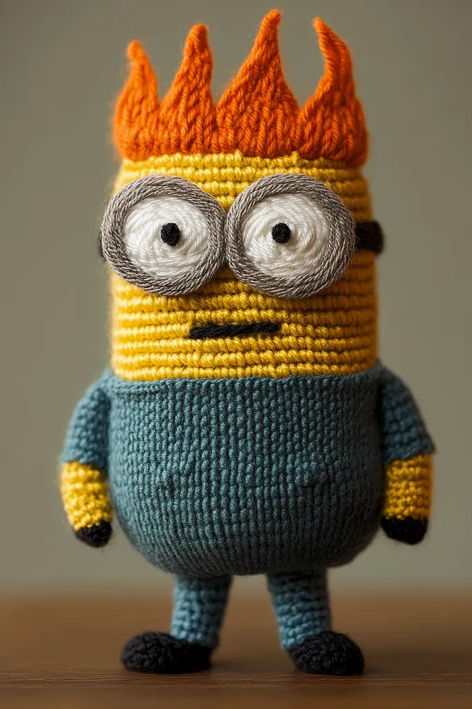 This is a crocheted Minion toy.  It's predominantly yellow with a teal shirt and orange spiky hair.  The Minion has large, round eyes with grey rims and a small, black mouth. The detailed crochet work gives it a charming, handmade quality.  It stands upright and its limbs are also crocheted in the same style. The Minion's overall design is cute and appealing.