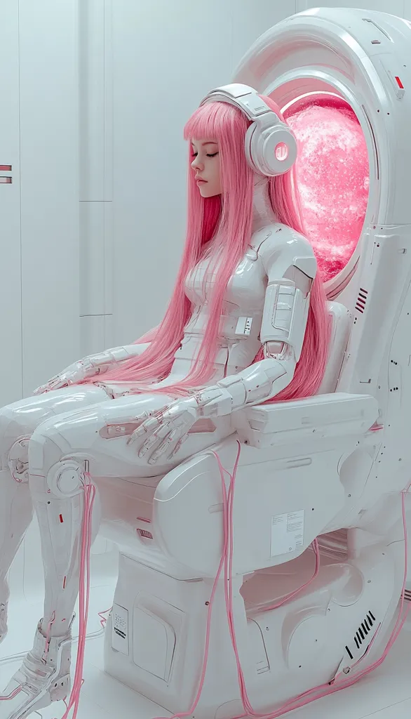 A female android with long pink hair sits serenely in a futuristic white chair.  She wears white headphones and her robotic body is connected to the chair by thin pink cords. The chair is encased in a larger white pod with a glowing pink interior. The overall aesthetic is clean, minimalist, and otherworldly.