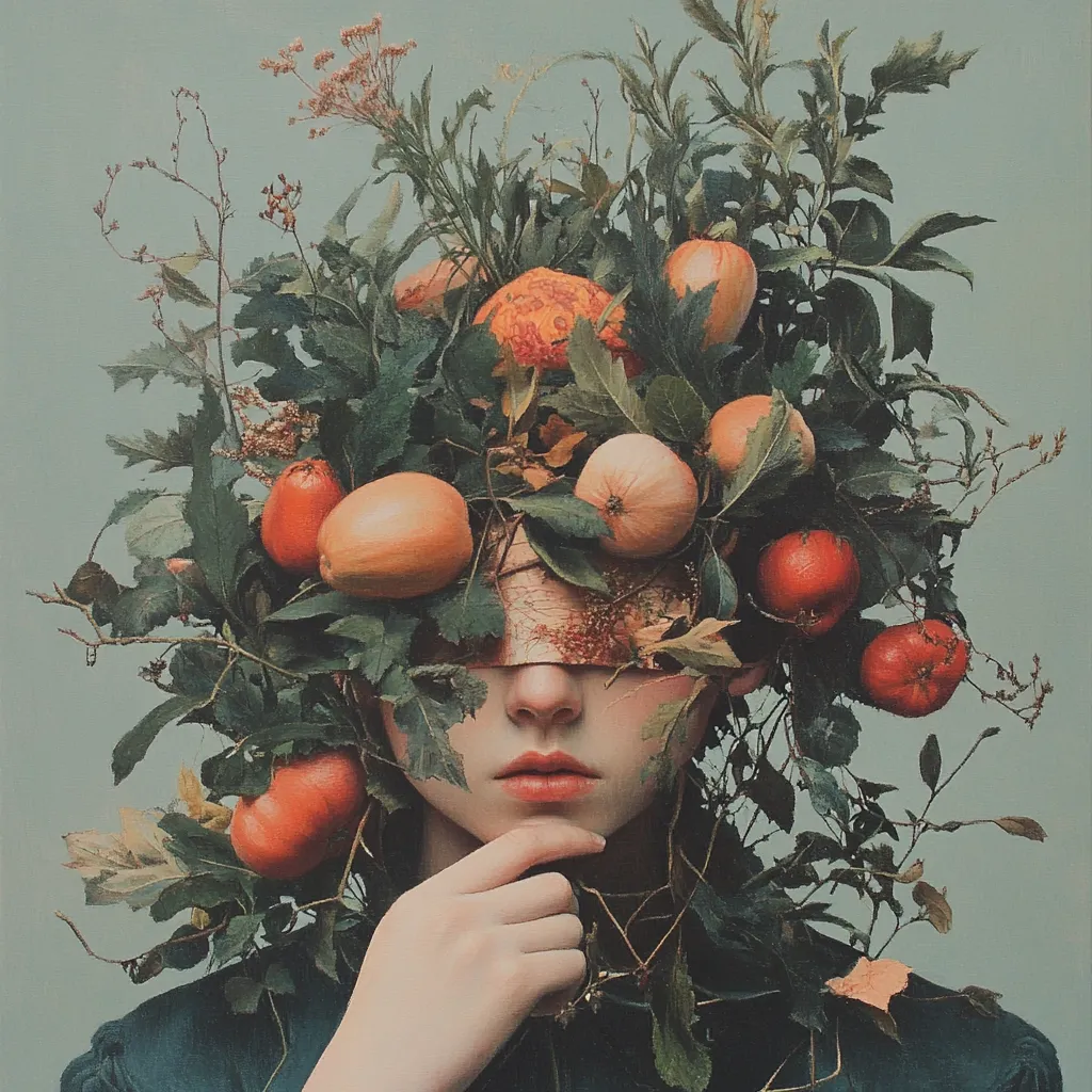 A surreal portrait depicts a person with their face obscured by a crown of lush foliage and various fruits, including apples and tomatoes.  The subject's eyes are covered by a textured blindfold, and their hand rests thoughtfully on their chin. The overall aesthetic is moody and evocative, blending elements of nature and human form. The muted color palette enhances the dreamlike quality.