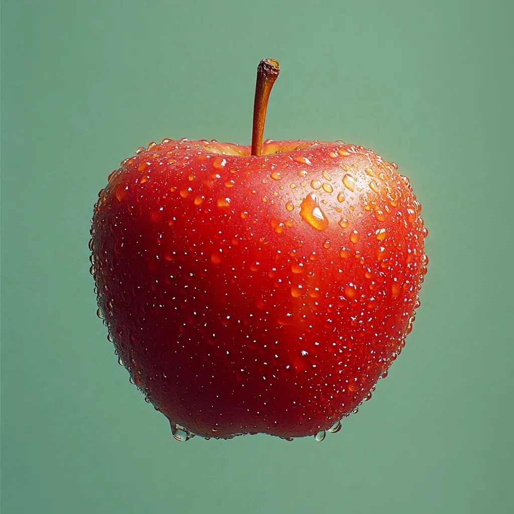 A vibrant red apple, glistening with numerous water droplets, hangs against a muted green backdrop.  The apple's skin is smooth and reflects light, showcasing its juicy freshness. The stem is visible at the top, adding to the image's natural and appealing aesthetic.  The overall composition is simple yet striking, highlighting the beauty of a single, perfectly formed fruit.