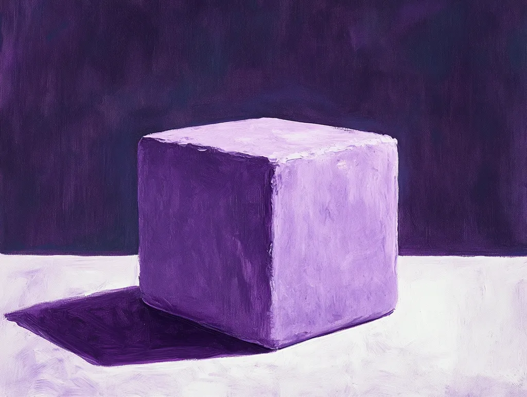A painting depicts a light purple cube sitting on a white surface against a dark purple background. The cube casts a shadow to its left.  The style is simple and somewhat abstract, focusing on form and the interplay of light and shadow.  The brushstrokes are visible, adding texture to the piece. The overall color palette is monochromatic, varying only in shades of purple.