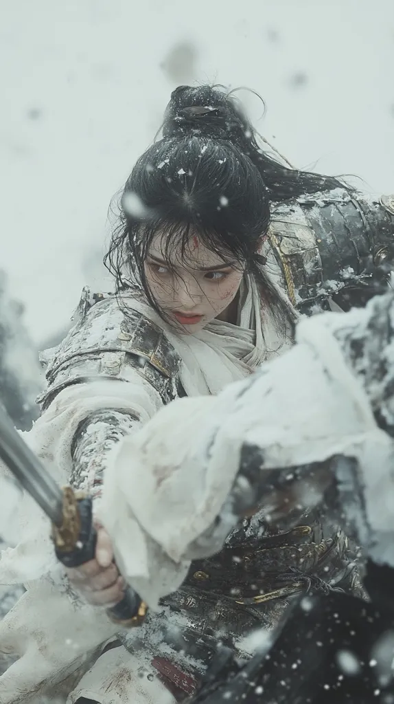A female warrior, her dark hair pulled back, fights amidst a blizzard.  Snow covers her armor and clothes, which are a mix of white and dark hues.  Blood stains her face, adding to the intensity of the battle.  She grips a sword, her expression fierce and determined as she engages her opponent. The scene is a dramatic portrayal of conflict in a harsh, wintry landscape.