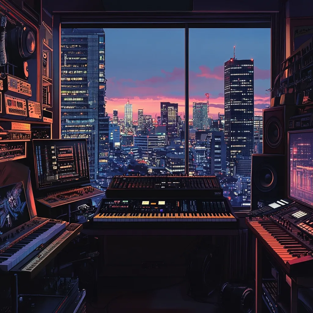 A music studio boasts a stunning city skyline view at sunset.  The room is filled with professional music equipment, including keyboards, synthesizers, monitors, and mixing consoles.  Large windows offer a panoramic perspective of illuminated skyscrapers and city lights, creating a vibrant and inspiring atmosphere for music production.  The overall aesthetic is sleek and modern, blending technology with a breathtaking urban backdrop.