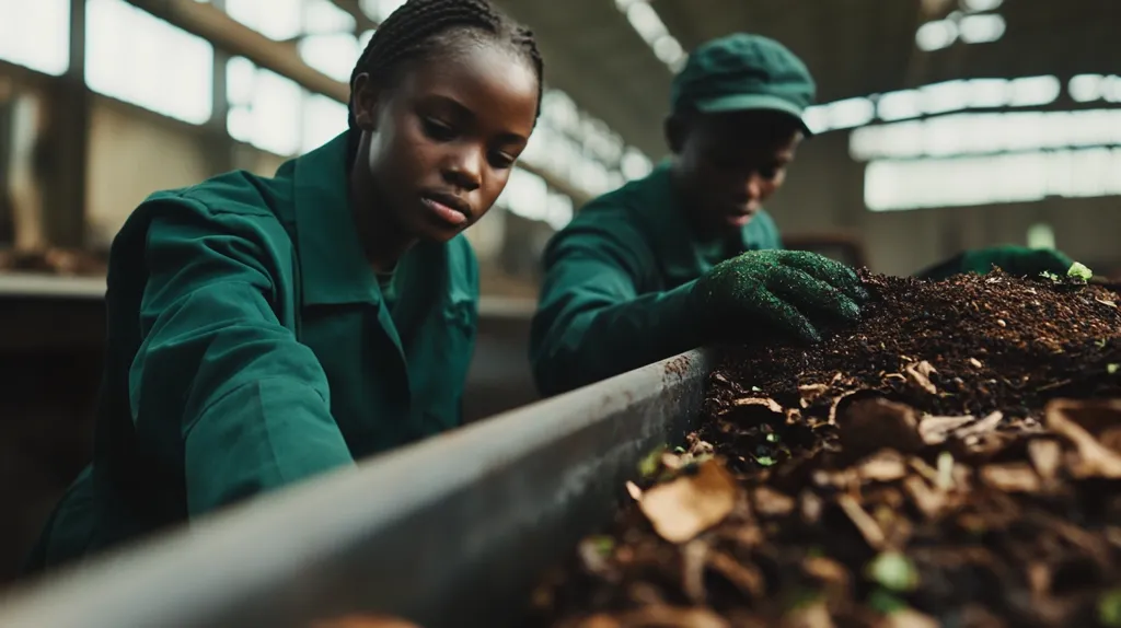 Two workers in green overalls are diligently sorting compost in a large industrial-sized trough.  They are carefully handling the dark, rich soil mixture, which includes decaying leaves and other organic matter.  The focus is on the detailed work and the serious concentration of the workers.  The setting appears to be an indoor composting facility.