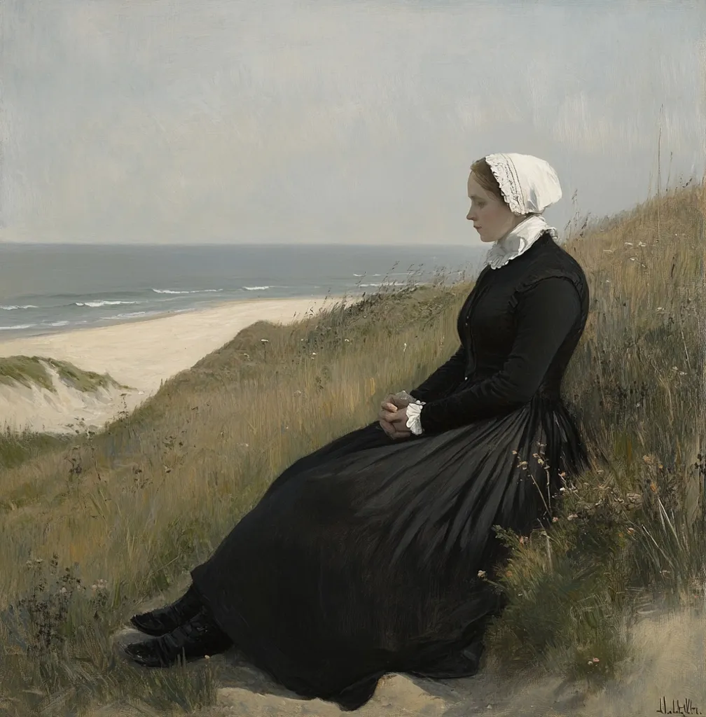 A woman in a long black dress and white cap sits on a grassy dune overlooking a tranquil beach.  The ocean stretches out before her, a calm expanse of blue and white under a muted sky.  Her posture is contemplative, her hands clasped in her lap, suggesting a moment of quiet reflection. The scene is painted in subdued tones, emphasizing the solitary figure against the vastness of the landscape.