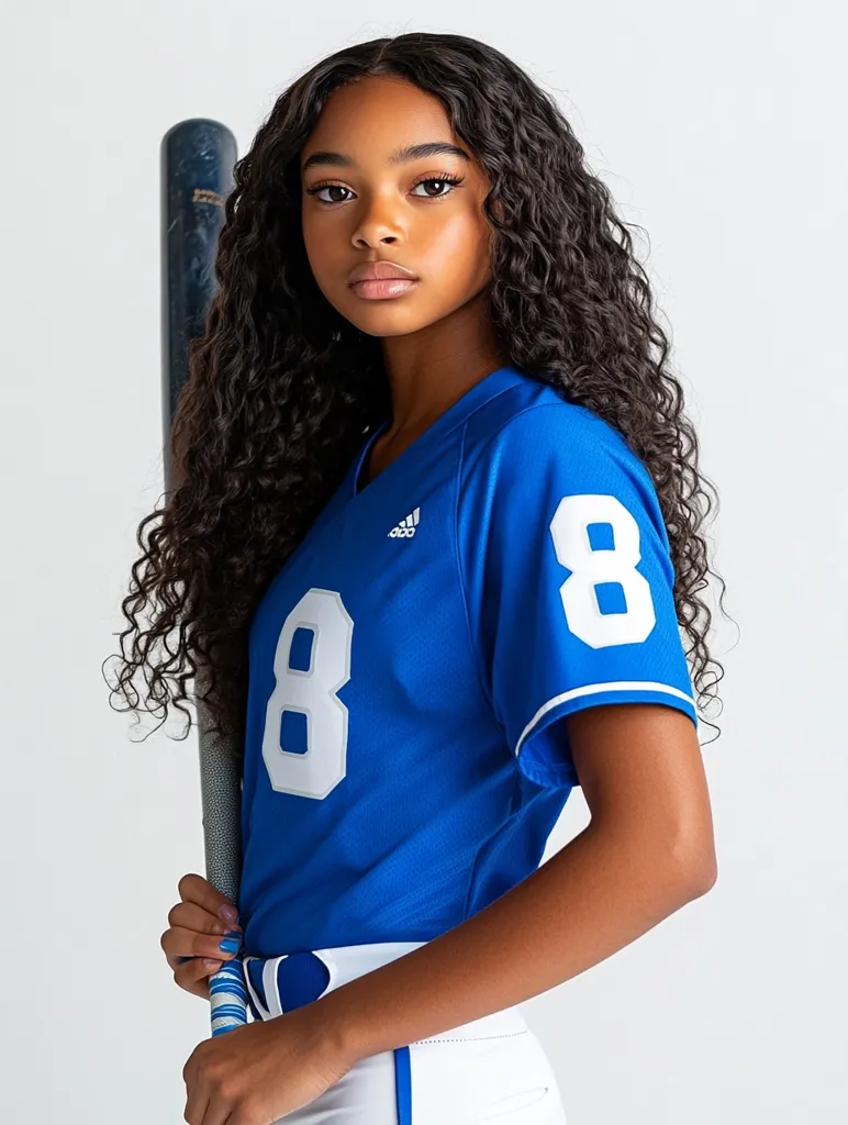 A young woman with long, dark curly hair stands confidently, holding a baseball bat.  She's wearing a vibrant blue softball jersey with the number 8 prominently displayed, and white baseball pants are partially visible. Her pose and attire suggest a sporty and determined personality. The background is a simple, light gray, focusing attention on her.