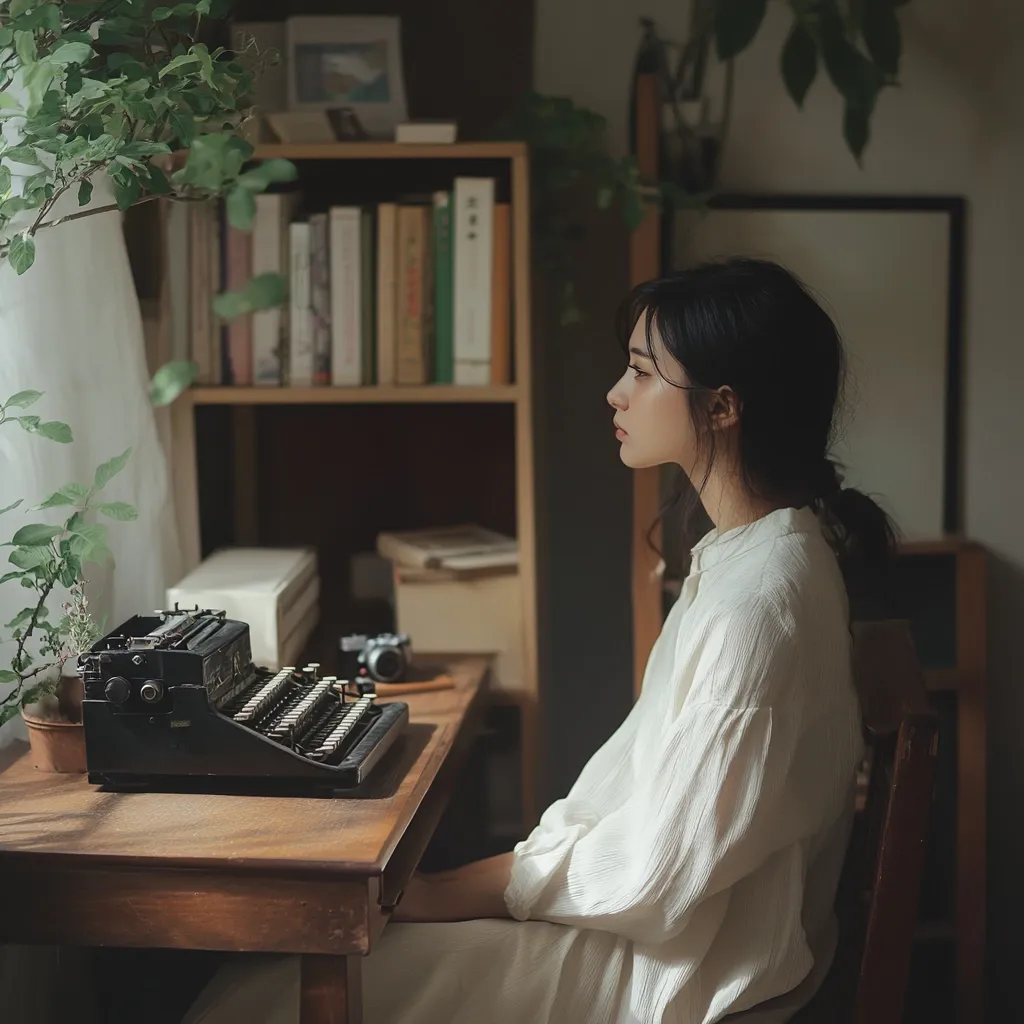 A young woman with dark hair sits in profile at a wooden desk, gazing out a window.  An antique typewriter sits on the desk beside her.  Bookshelves filled with volumes line the wall behind her, adding to the studious atmosphere of the room.  Sunlight filters in through a sheer curtain, illuminating dust motes in the air. Plants add a touch of nature to the cozy, dimly lit space.