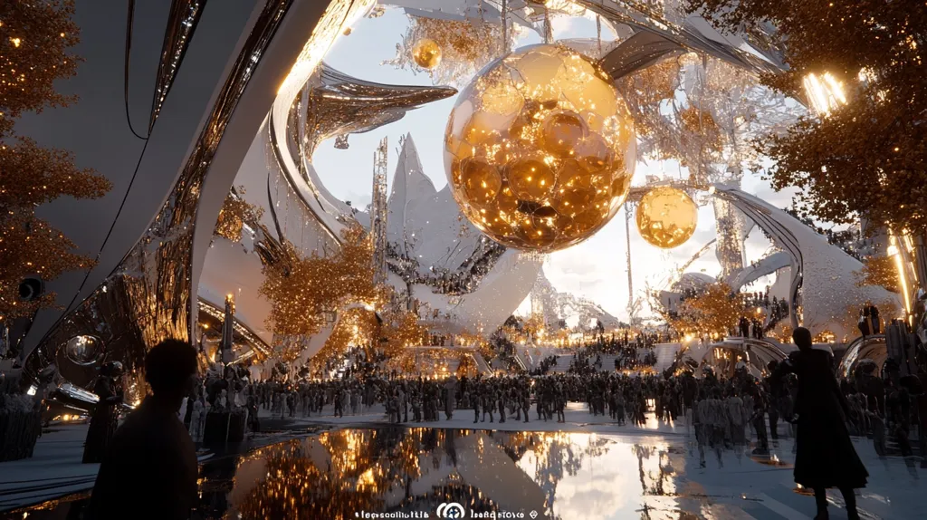 A digital rendering depicts a futuristic, grand plaza.  Towering, metallic structures curve organically, interspersed with glowing golden spheres and stylized trees.  A large crowd of figures fills the space, their reflections mirroring the scene in a polished surface. The overall atmosphere is one of awe-inspiring, otherworldly elegance bathed in warm, golden light.