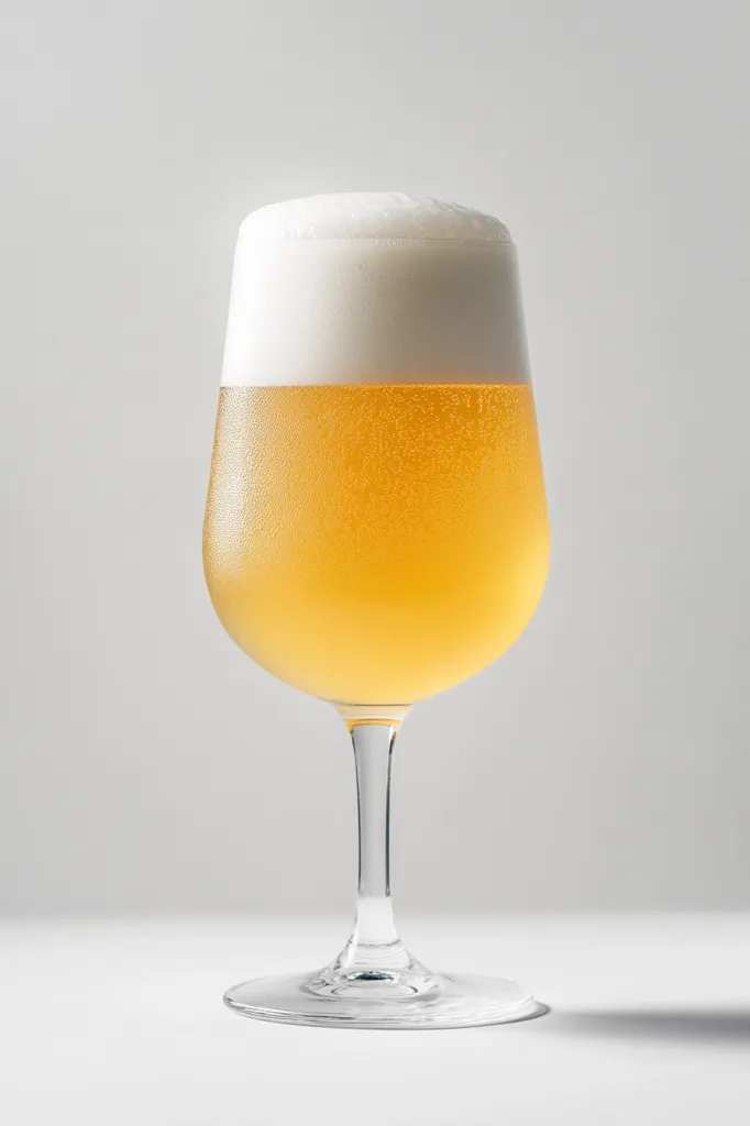 A stemmed glass is filled with a light-colored beer, topped with a thick head of foam.  The beer appears pale and slightly effervescent. The glass is clear and sits on a plain white background, highlighting the golden hue of the beverage. The image is clean and minimalist, emphasizing the drink itself.