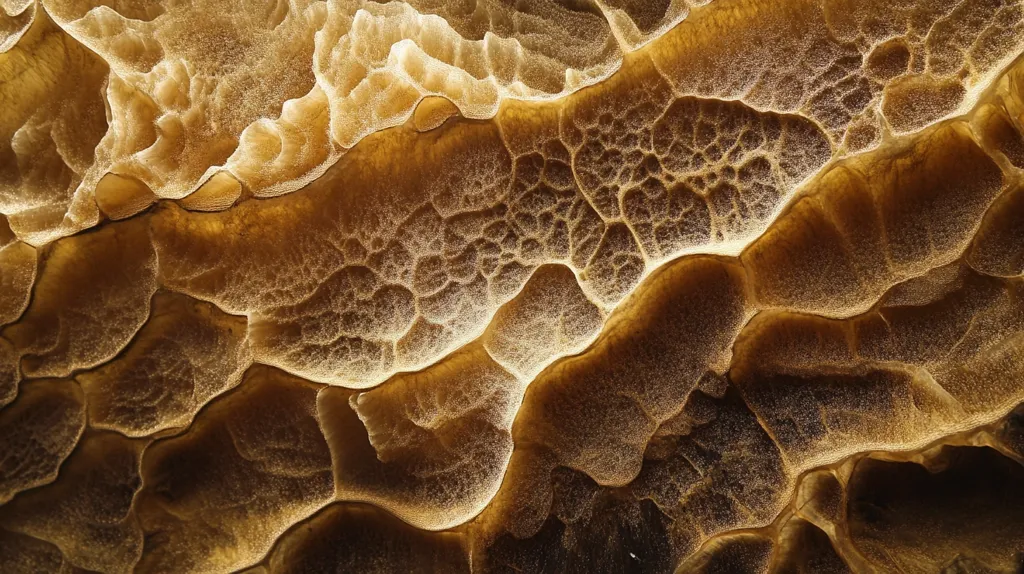 The image shows a close-up view of a textured surface, resembling a geological formation or abstract art.  Rich, earthy tones of brown and gold dominate, with a network of swirling, undulating patterns creating a three-dimensional effect. The texture appears granular, almost like sand, adding to the organic and natural feel. The lighting accentuates the depth and complexity of the surface, highlighting the intricate details within the flowing forms.