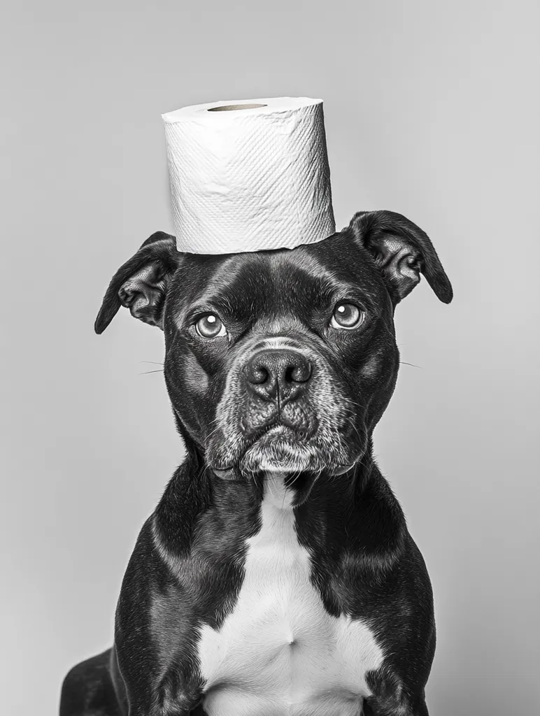 A black and white photo of a dog with a roll of toilet paper on its head.  The dog is a muscular breed, possibly a Pit Bull mix, and stares directly at the camera with a serious expression. The image is humorous due to the incongruity of the toilet paper atop the dog's head. The background is a simple, light gray.