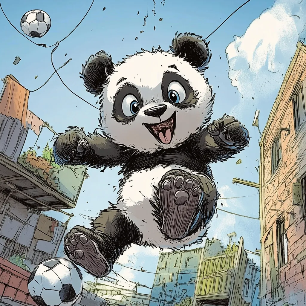 A cheerful panda cub, mid-air, kicks a soccer ball in a vibrant illustration.  The panda is depicted with exaggerated features, large eyes, and an open mouth, showcasing a joyful expression. The background features a lively, somewhat run-down cityscape with buildings and washing lines, adding contrast to the playful panda. A second soccer ball is visible below the panda, suggesting ongoing play. The style is dynamic and cartoonish, capturing a sense of movement and fun.