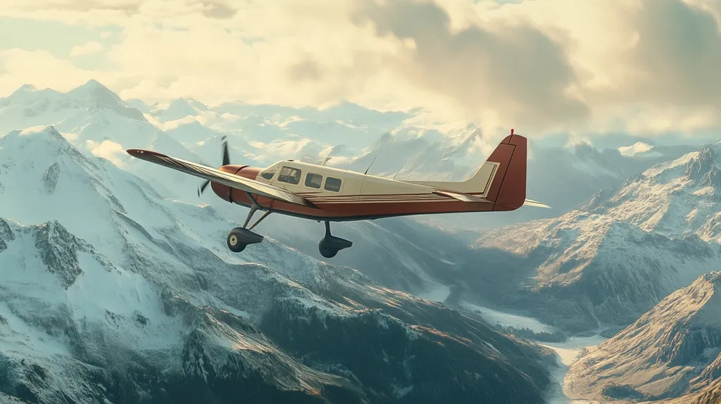 A small, single-engine propeller plane soars over a breathtaking landscape of snow-capped mountains.  The aircraft, primarily red and white, is in flight at a moderate altitude, providing a stunning aerial view of the vast, rugged terrain below.  The image evokes a sense of adventure and freedom, capturing the beauty of both the machine and the natural world.
