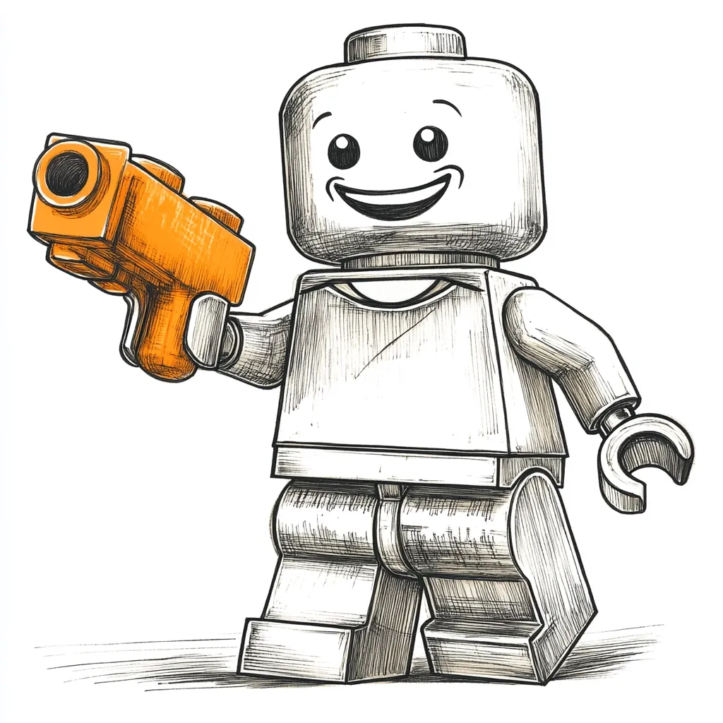A detailed pen-and-ink drawing depicts a stylized Lego minifigure.  The figure is predominantly grayscale, with a cheerful, expressive face.  It holds an orange plastic pistol, adding a pop of color to the monochromatic drawing. The style is reminiscent of a caricature, exaggerating the figure's features for comedic effect.  The minifigure's posture and expression convey a playful, possibly mischievous, demeanor.