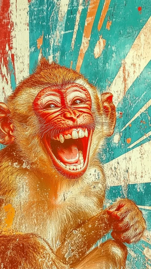 A stylized image of a monkey laughing heartily. The monkey is depicted in warm, reddish-orange tones, with a vibrant, textured background in shades of teal and orange. The style is reminiscent of vintage posters or pop art, with a grunge effect adding to the overall aesthetic.  The monkey's expression is one of pure, uninhibited joy.