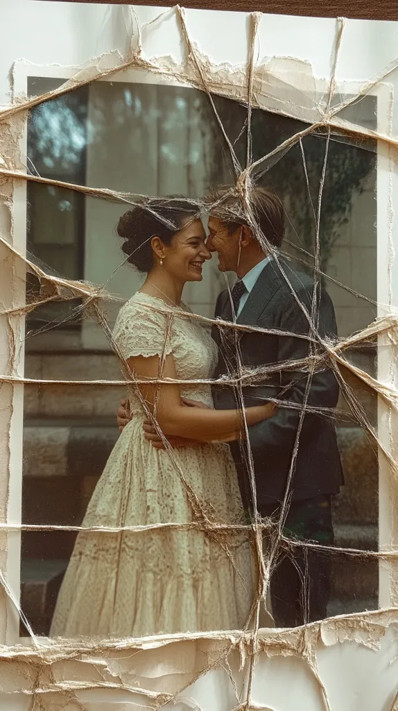 A damaged photograph shows a bride and groom embracing. The bride wears a delicate, light-colored lace dress, and the groom is in a dark suit.  Their faces are close, suggesting intimacy. The photo itself is fragmented, with cracks and tears mended with tan string, creating a distressed, vintage aesthetic.  The background hints at an outdoor setting.