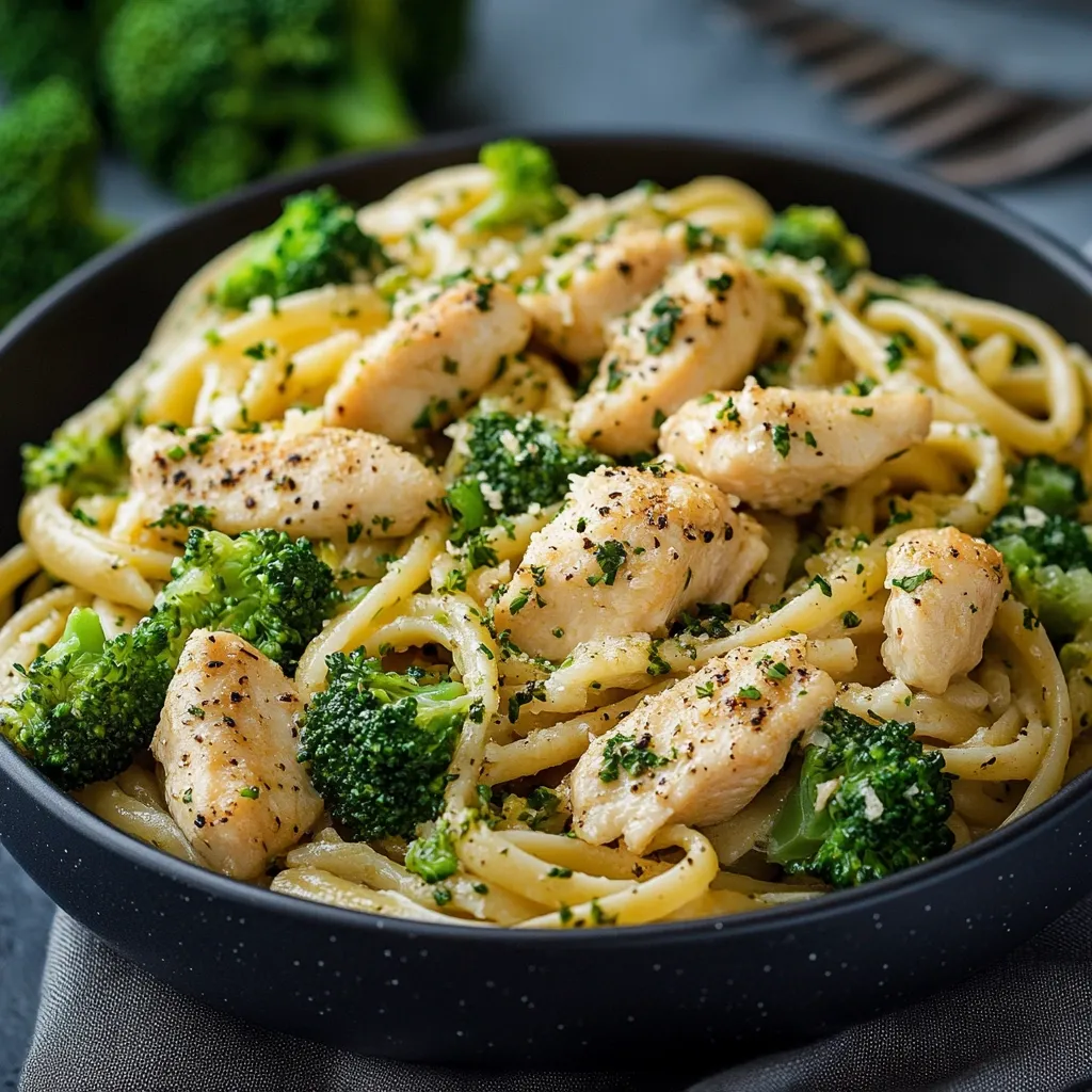 A close-up shot of a delicious pasta dish.  Linguine pasta is tossed with tender pieces of grilled chicken, vibrant broccoli florets, and a creamy, subtly seasoned sauce. The pasta is served in a dark-colored bowl, enhancing the visual appeal of the dish.  A sprinkle of herbs and parmesan cheese adds texture and flavor.