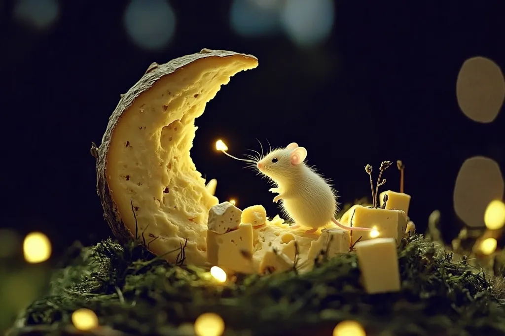 A whimsical scene depicts a tiny white mouse standing on a large piece of cheese shaped like a crescent moon.  Surrounding the mouse are smaller chunks of cheese and soft glowing lights, creating a magical, nighttime ambiance. The mouse appears to be holding a glowing twig, adding to the enchanting atmosphere. The overall setting is mossy and dark, emphasizing the warm glow of the lights and cheese.