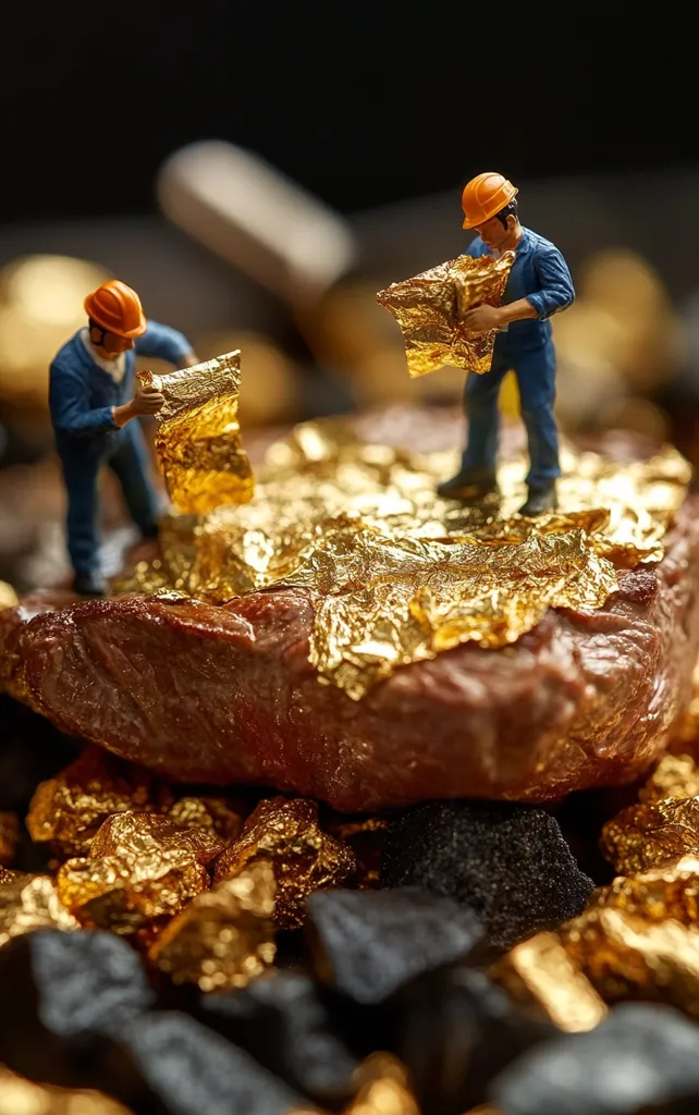 Miniature construction workers in hard hats carefully apply gold leaf to a large, cooked steak.  The steak sits atop a bed of black rocks and gold nuggets, creating a dramatic and surreal scene.  The image suggests luxury, extravagance, and the preciousness of the meal.  The depth of field focuses on the workers and the steak, leaving the background slightly blurred.