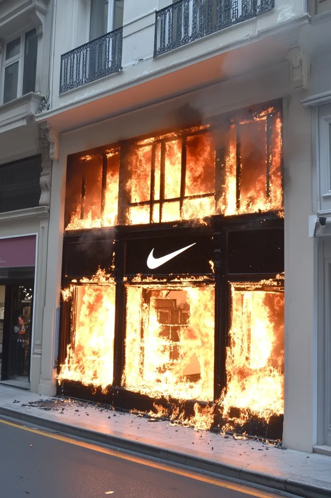 A storefront engulfed in flames.  The intense fire rages within the store's windows and frames, completely obscuring the interior. The Nike logo is still visible on the charred exterior.  Debris is scattered on the street in front of the burning building.  The scene is dramatic and suggests a significant fire event.