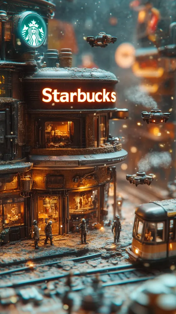 A miniature steampunk-style Starbucks sits amidst a snowy, futuristic cityscape.  Small, armored figures stand outside the coffee shop, while tiny drones fly overhead.  The building is intricately detailed, illuminated from within, showcasing a warm interior contrasting with the cold exterior. A tram rumbles past on tracks in the foreground, adding to the scene's dystopian yet charming atmosphere.  Snow lightly falls, enhancing the overall ambiance.