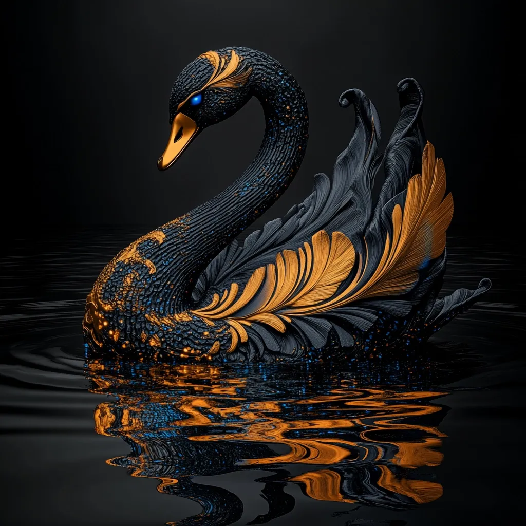 A digitally rendered black swan, adorned with gold accents and shimmering blue particles, floats gracefully on dark water.  Its elegant posture and ornate plumage create a striking contrast against the inky background. The reflection mirrors the swan's beauty, enhancing the overall sense of luxury and mystique.  The image is rich in detail and texture, showcasing a captivating blend of darkness and brilliance.