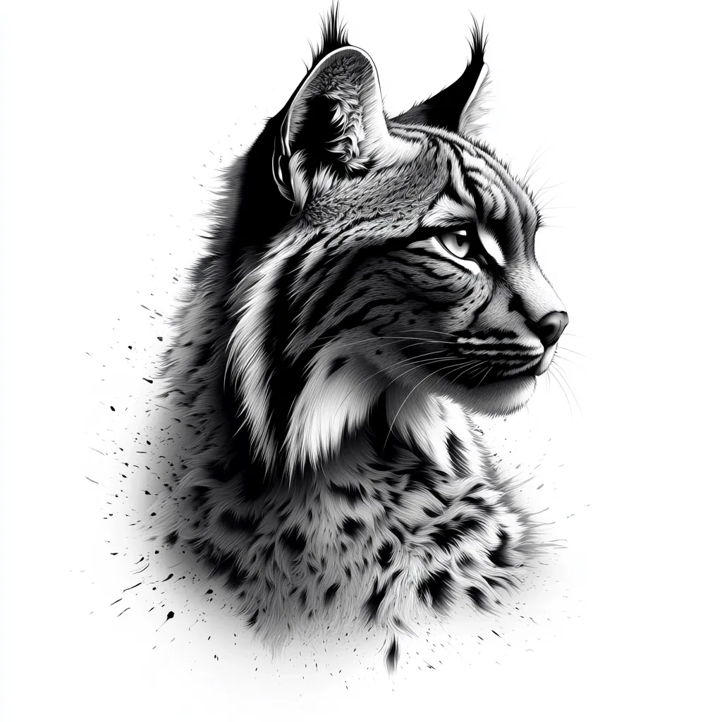 A striking black and white illustration depicts a lynx's head and shoulders in profile view.  The lynx gazes intently to its right, its fur meticulously detailed with shading to create a sense of depth and texture.  A splatter effect surrounds the image, adding a dynamic element against the stark white background. The artwork's style is realistic, showcasing the wild beauty of the animal.