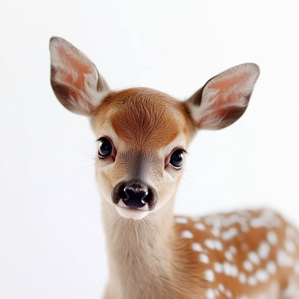 A close-up shot of a fawn, a young deer.  Its large, dark eyes gaze directly at the camera, its soft, brown fur highlighted against a white background.  Tiny white spots are visible on its body. The fawn's delicate features and innocent expression create a heartwarming image.