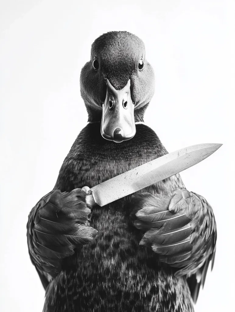 A black and white close-up shot depicts a duck holding a long knife to its chest. The duck stares directly at the camera with a serious expression. Its feathers are detailed, and the knife shows signs of wear.  The stark contrast and the unexpected combination of elements create a dramatic and slightly unsettling image.