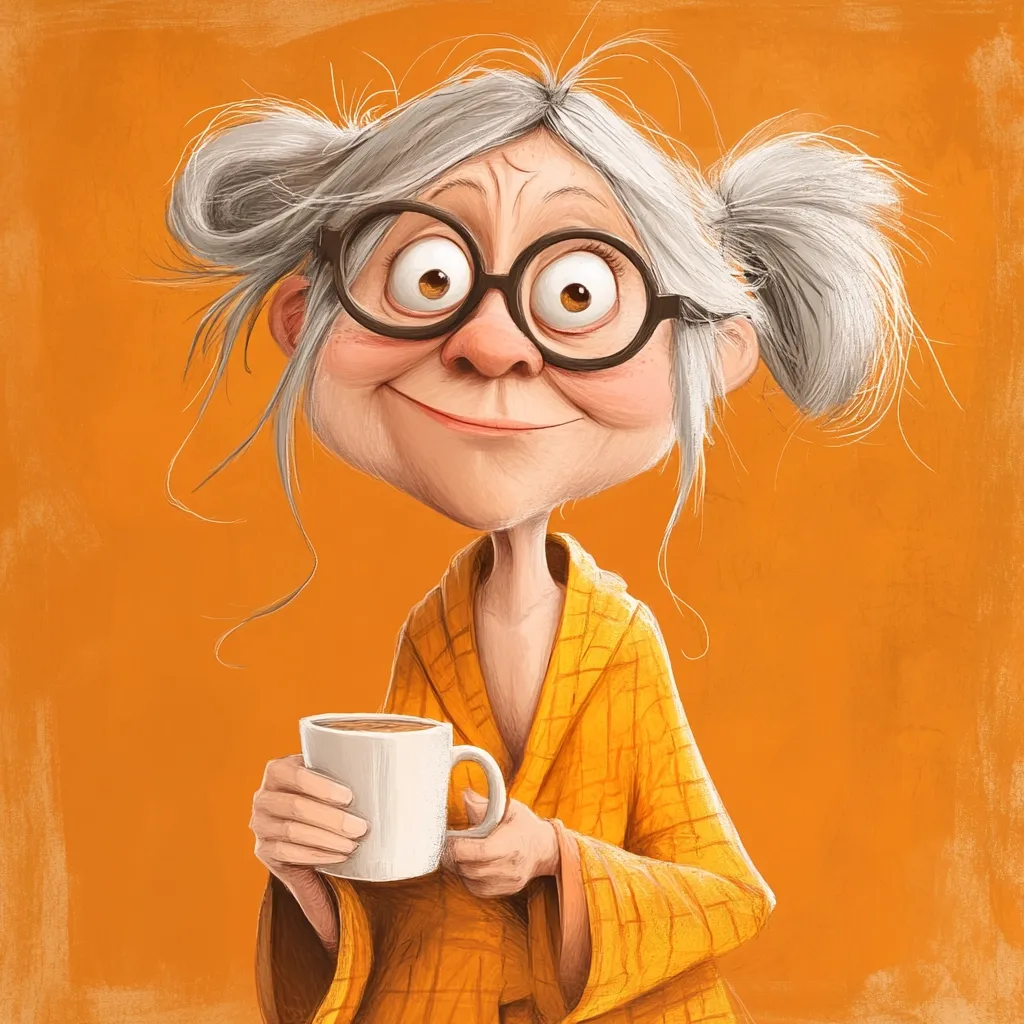 A cheerful cartoon illustration of an elderly woman with gray hair in buns, wearing round glasses and a yellow bathrobe. She holds a mug of tea, her expression is one of contentment and happiness. The background is a warm orange, complementing the overall jovial mood of the image.  The style is whimsical and slightly exaggerated, emphasizing the woman's friendly character.