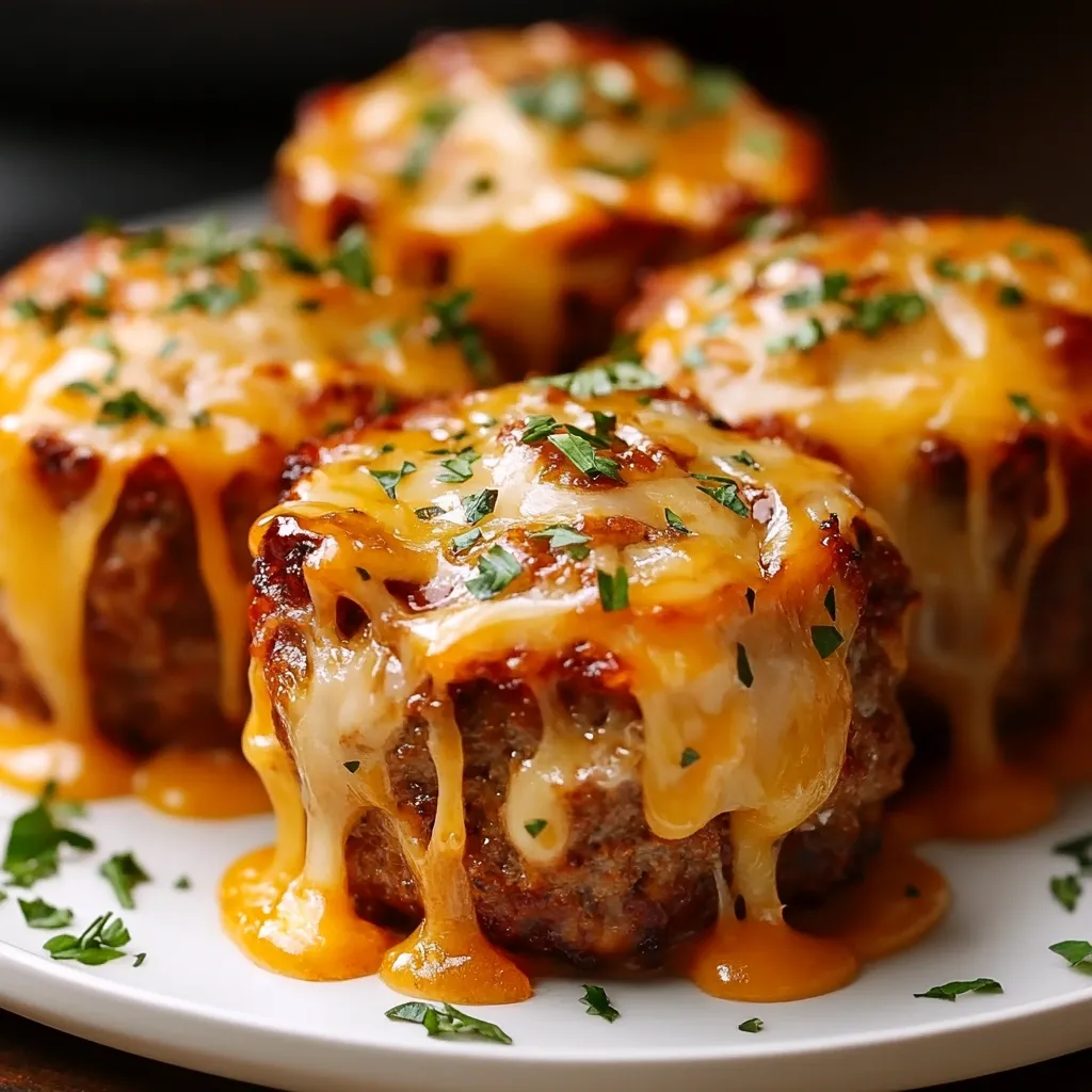 Three savory meatloaf muffins are generously topped with melted cheese and a sprinkle of fresh parsley.  The golden cheese drips down the sides, creating a visually appealing and appetizing dish.  They are presented on a white plate, suggesting a comforting and delicious meal.