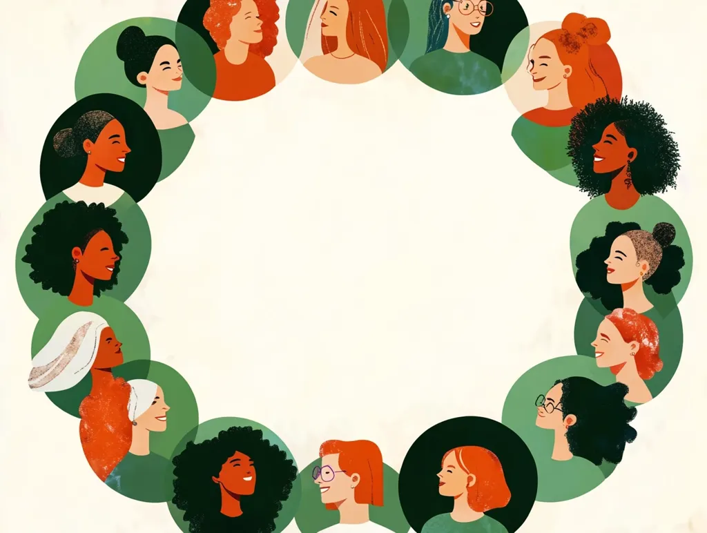 A circular arrangement of diverse women's faces, each encircled in a sage green frame against a creamy background.  The women display various hairstyles, skin tones, and expressions, creating a vibrant image of female unity and diversity.  The central space is left blank, providing room for text or a logo.  The style is modern and illustrative, suggesting themes of empowerment and inclusivity.