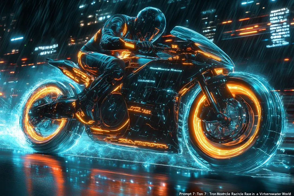 A futuristic motorcycle, glowing with vibrant orange and cyan energy trails, speeds through a rain-soaked city.  The rider, clad in sleek, dark armor, leans into the turn.  The scene is dynamic, with streaks of light suggesting motion blur and a digital, almost Tron-like aesthetic.  Rain falls heavily, reflecting the city's neon lights.