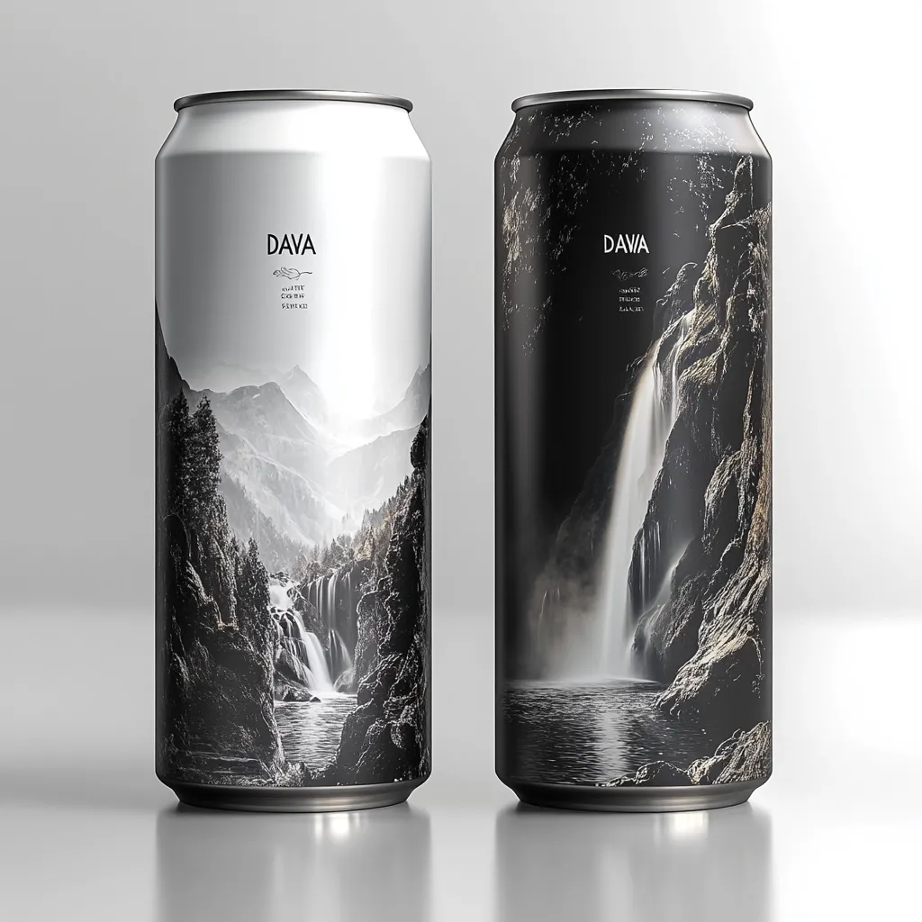Two sleek aluminum cans of Dava, a drink, are showcased.  Each can features a stunning monochrome landscape photograph; one in light tones depicts a mountain range and waterfall, the other, in dark tones, presents a similar scene with a prominent waterfall.  The brand name "DAVA" is subtly printed on each, with small text indicating its nature.  The cans are placed on a reflective surface against a neutral background.