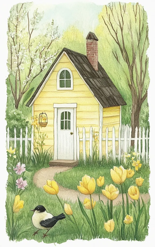 A charming watercolor painting depicts a quaint yellow cottage nestled in a spring garden.  A white picket fence surrounds the house, which features a small, arched window and a white door.  Yellow tulips and daffodils bloom profusely, and a small bird perches on the grassy path winding towards the cottage.  The scene is peaceful and idyllic, evoking a sense of springtime serenity.