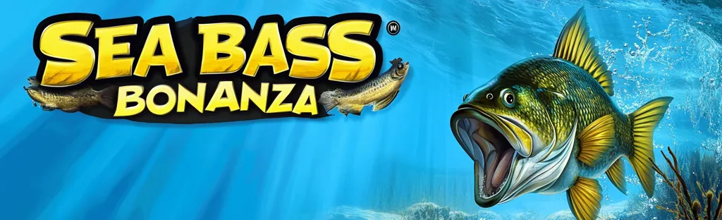 The image showcases the title "Sea Bass Bonanza" in bold, yellow lettering against a vibrant blue underwater backdrop.  A largemouth bass, depicted in vivid detail, dominates the right side, its mouth agape.  Smaller fish are subtly featured near the title, enhancing the aquatic theme. The overall style is bright, energetic, and suggestive of a fishing or gaming context.