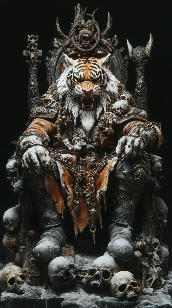 A majestic tiger, rendered in striking detail, sits upon an ornate throne adorned with skulls and intricate carvings.  The tiger king wears tattered, frost-covered robes and heavy boots, exuding power and menace.  The throne itself is a testament to dark artistry, a blend of bone, metal, and wood, creating a chilling yet captivating scene. The overall effect is one of gothic fantasy, steeped in a cold, regal atmosphere.