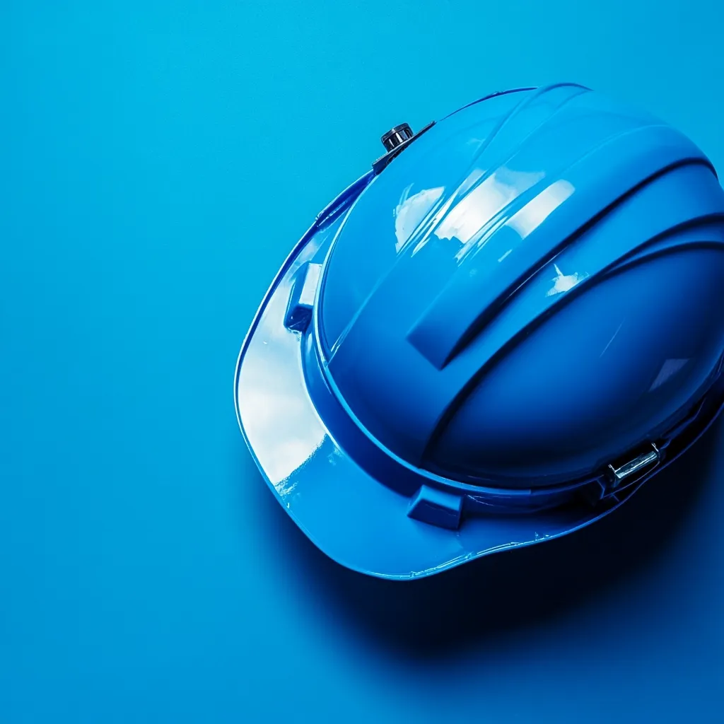 A vibrant blue hard hat rests on a matching blue background.  The hard hat is glossy, showing a reflection of light.  It's a safety helmet, likely used in construction or other industrial settings. The image emphasizes safety and protection, with a clean, minimalist aesthetic.