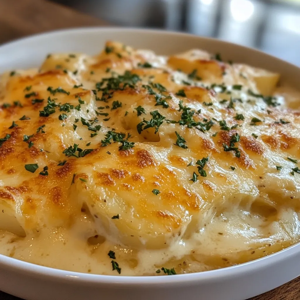 A close-up shot reveals a creamy potato gratin, generously topped with melted cheese and a sprinkle of fresh parsley.  The bubbly, golden-brown cheese suggests a recently baked dish, its texture appearing rich and decadent. The potatoes are visible beneath the cheese, indicating a hearty and comforting meal. The dish is presented in a simple white bowl, highlighting the appetizing food.
