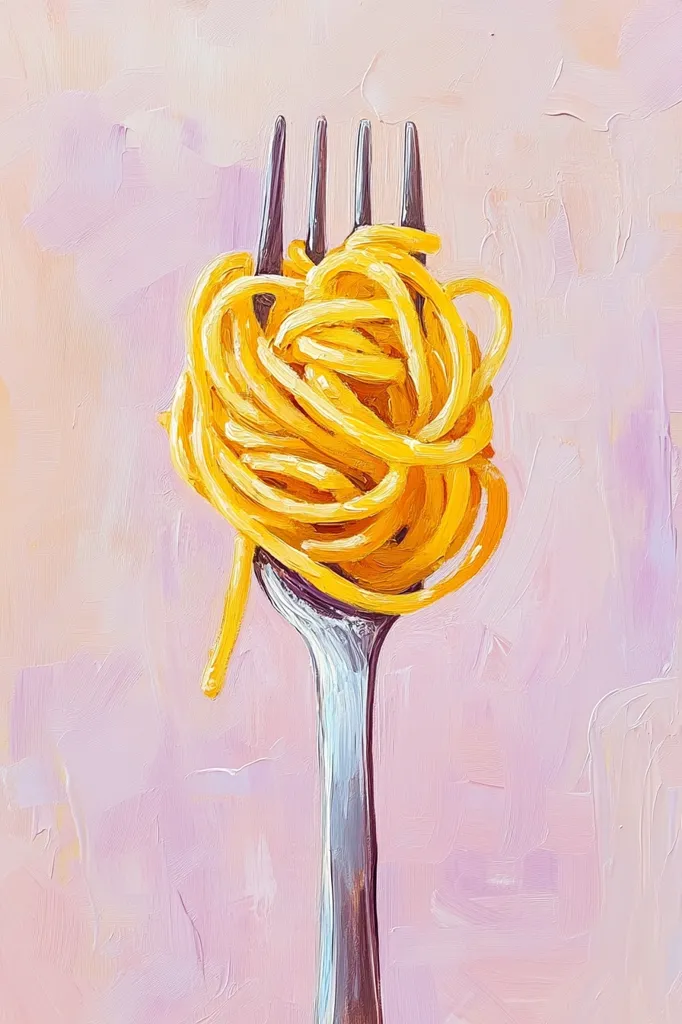 A vibrant oil painting depicts a fork laden with a generous portion of bright yellow spaghetti. The pasta is artfully tangled, creating a visually appealing clump.  The background is a soft, pale pink with visible brushstrokes, offering a gentle contrast to the vivid yellow of the spaghetti. The overall style is expressive and painterly.