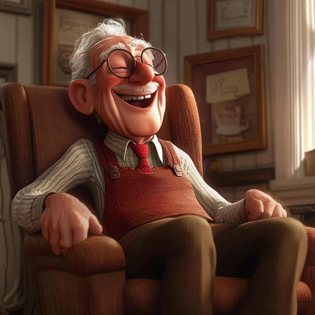 A jovial elderly man with glasses and a warm smile is depicted relaxing in a comfortable armchair.  He's wearing a striped shirt and reddish-brown overalls, his attire suggesting a casual yet tidy style.  The setting is a cozy room, warmly lit, with framed pictures on the walls.  His expression radiates contentment and good humor.