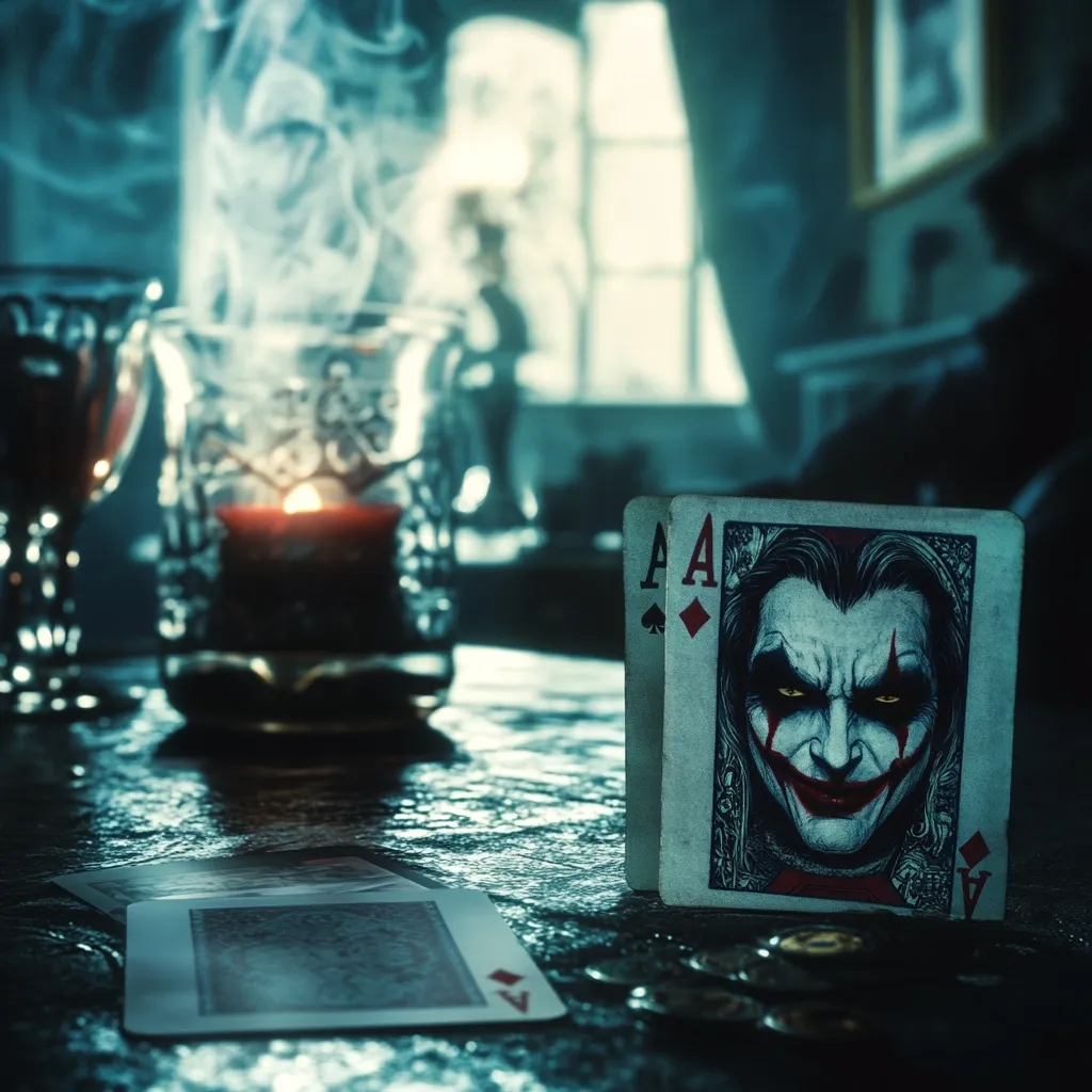 A dimly lit scene shows a dark wooden table with two playing cards featuring a menacing Joker face prominently displayed.  A candle glows in a glass holder, emitting smoke.  Two wine glasses and additional playing cards are partially visible in the foreground.  The background is blurred, suggesting a mysterious, antique interior with a window letting in soft light. The overall atmosphere is eerie and suspenseful.