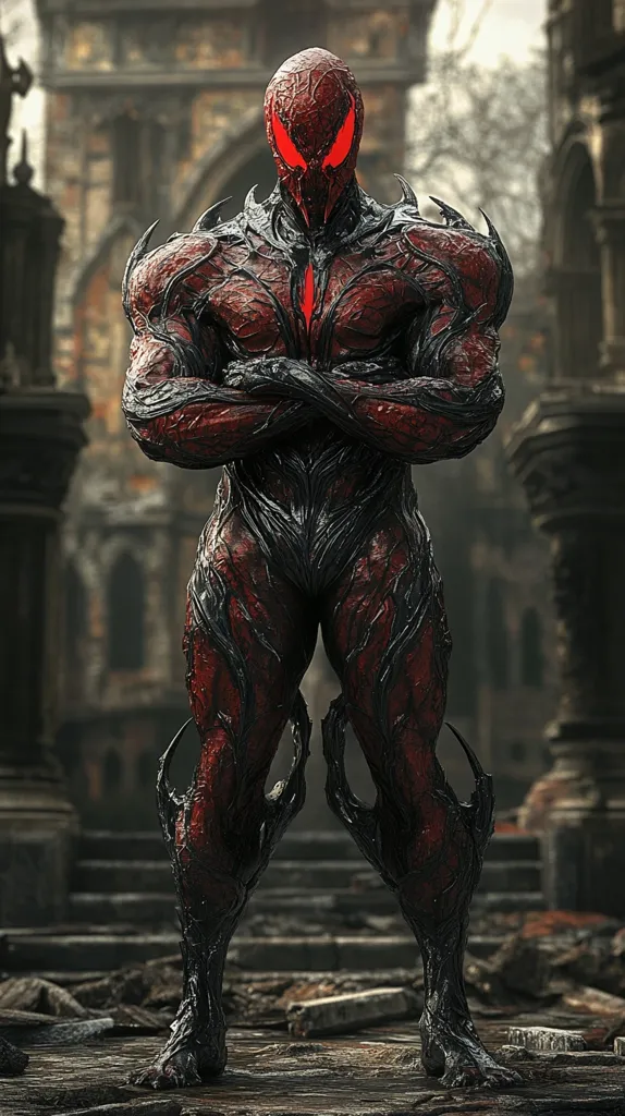 A digital rendering of a menacing figure, possibly a stylized interpretation of Venom or Carnage, stands amidst the ruins of a gothic-style building.  The creature is predominantly red and black, with a muscular physique and sharp, clawed appendages. Its glowing red eyes add to its intimidating presence. The background's crumbling architecture enhances the overall sense of darkness and power.