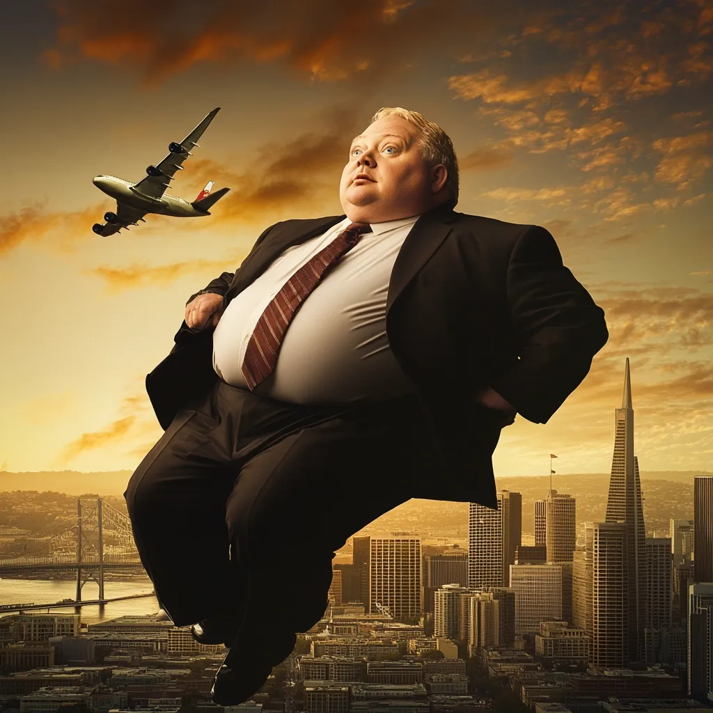 A large, overweight man in a business suit floats in the air above a city skyline at sunset.  A small airplane flies past him in the distance.  The man's expression is one of mild surprise or contemplation. The scene is surreal and humorous, juxtaposing the scale of the man against the urban landscape.