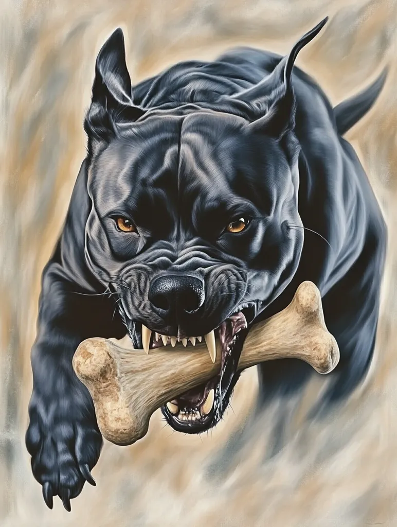 A powerful, dynamic painting depicts a black dog, possibly a pit bull type, in mid-stride, fiercely gripping a large bone in its jaws.  The dog's muscular build and intense gaze are accentuated by the artist's use of light and shadow, creating a dramatic and somewhat aggressive image. The overall style is realistic with painterly texture.