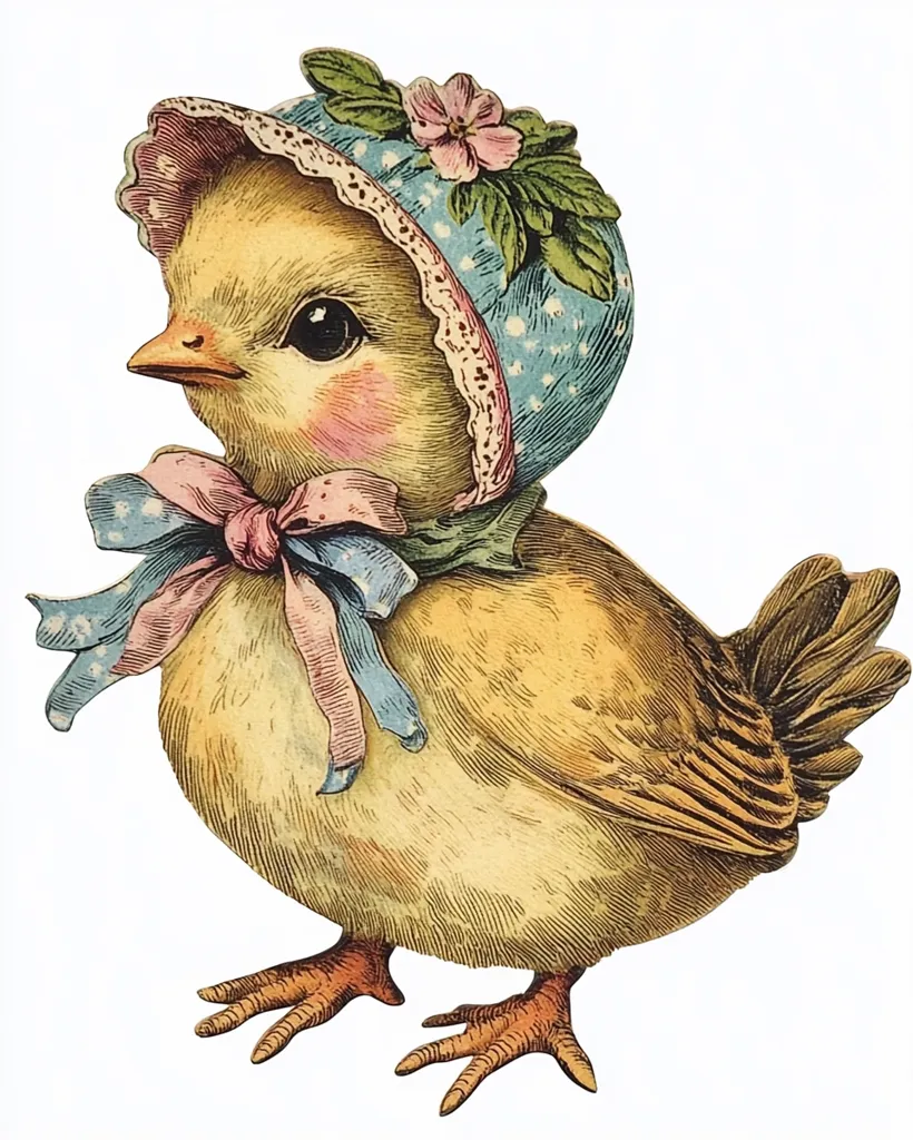 An adorable chick, rendered in vintage style, wears a dainty blue bonnet adorned with pink flowers.  A pastel pink and blue ribbon is tied around its neck, adding to its charming appearance.  The chick's fluffy body and expressive eyes create a sweet and nostalgic image, perfect for Easter or springtime celebrations.  The detailed illustration showcases meticulous artistry.