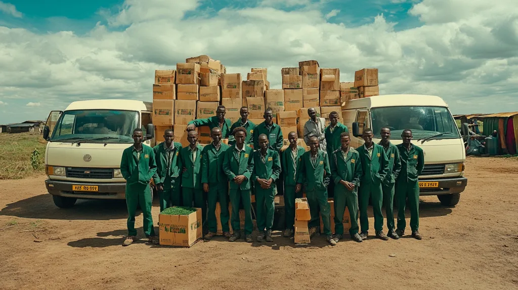 A group of young men in matching green uniforms stand proudly in front of two vans loaded with cardboard boxes.  The setting appears to be a rural area, possibly in Africa, under a bright, partly cloudy sky.  The men are positioned between the vehicles, showcasing a sense of teamwork and accomplishment, possibly related to a harvest or delivery.  Boxes of what seems to be produce are also at their feet.
