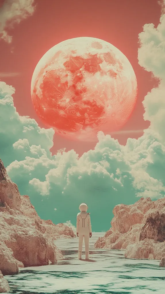 A lone astronaut in a white spacesuit stands on a serene, alien landscape.  Pale rocks flank a calm body of water, reflecting a huge, reddish moon dominating a pastel sky.  The overall scene is surreal and dreamlike, evoking a sense of solitude and wonder in a fantastical, otherworldly environment.