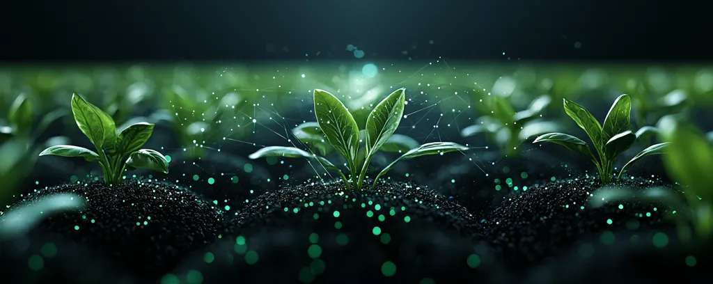 Vibrant green seedlings sprout from dark, rich soil, their leaves glistening under a soft, ethereal glow.  A network of glowing points connects the plants, suggesting technological advancement in agriculture. The scene is dark and moody, emphasizing the delicate beauty of new life and the promise of growth.  The overall image evokes a sense of hope and technological integration with nature.